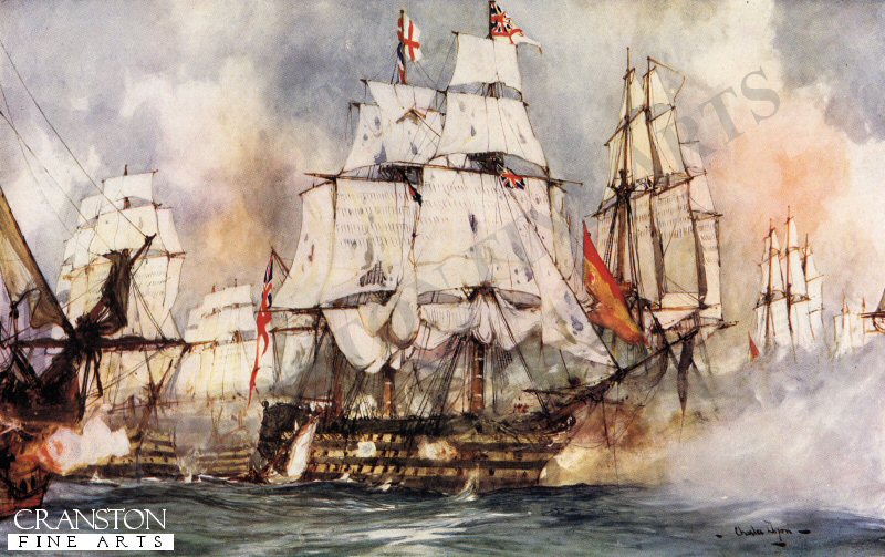 The Victory at Trafalgar. Nelson's Flagship Nearing the Santissima Trinidad by Charles Dixon.