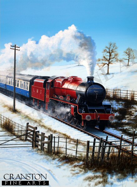 The Jubilee Class locomotive 'Leander' LMS 5690 in Crimson Lake livery pulling an express through a crisp, snowy landscape. This locomotive served from 1936 until 1948 as No.5690 then was renumbered No.45690 and served until 1964. She was later restored to running condition and carried this crimson livery once again until a refit in 2012 saw her painted black. Original painting on stiff acrylic paper. The Jubilee Class locomotive 'Leander' LMS 5690 in Crimson Lake livery pulling an express through a crisp, snowy landscape. This locomotive served from 1936 until 1948 as No.5690 then was renumbered No.45690 and served until 1964. She was later restored to running condition and carried this crimson livery once again until a refit in 2012 saw her painted black. Original painting on stiff acrylic paper.