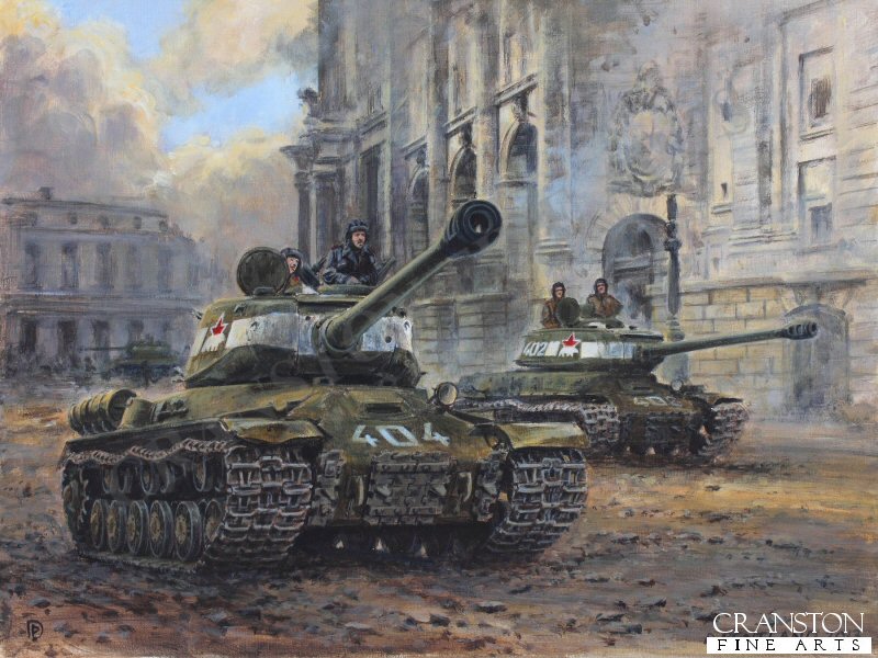  Berlin, Germany, April 1945. Josef Stalin II tanks of the 7th Independent Guards Heavy Tank Brigade, part of Chuykov's 8th Guards Army, make their way carefully through the ruined German capital. The red star and polar bear was to commemorate their part in the recent Karelian campaign. 