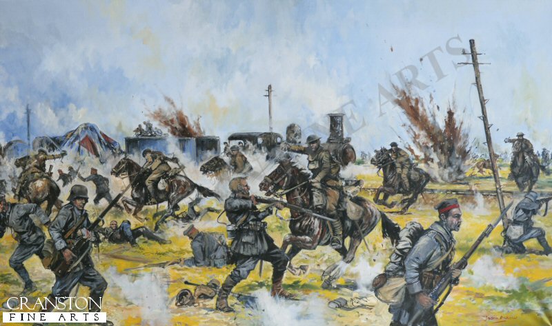  The Inniskilling Dragoons capturing a German railway gun at Harbonnieres during the battle of Amiens, 1918. 