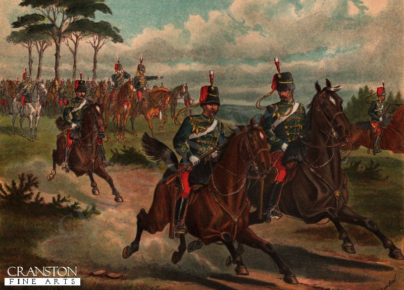 Scouts of the 11th Hussars Galloping out at a Field Day by Richard Simkin. (PC)