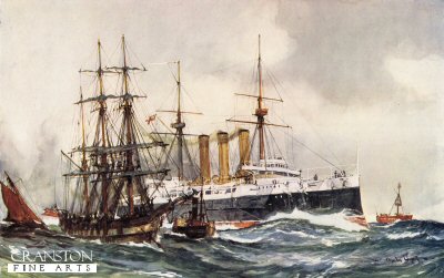 HMS Kent Passing South Sand Lightship by Charles Dixon.