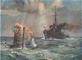 At War: A British Destroyer Ramming an Enemy Submarine by Bernard F Gribble.