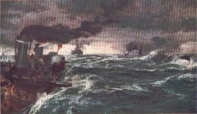 A British Destroyer Engaging an Enemy Submarine by Bernard F Gribble.