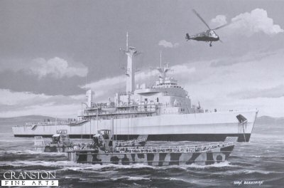 B141.  HMS Intrepid by Ivan Berryman. <p> HMS Intrepid embarks some of her landing craft during the Falklands conflict of 1982. <b><p> Signed limited edition of 1150 prints. <p> Image size 12 inches x 7 inches (31cm x 18cm)