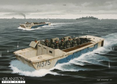 B0497PC. The Drive to Juno by Ivan Berryman. <p>  On 6th June 1944, D-Day, the Canadian steamship HMCS Prince David  (F89), seen here in the background, released her compliment of landing craft embarking elements of Le Regiment de la Chaudiere, plus some Royal Marines, bound for Mike and Nan beaches.  Their mission was to clear mines and provide cover for the assault craft that were to follow.  By the close of the day, all of her landing craft had been lost to enemy action except one that was accidentally forced onto a semi-submerged obstacle by a friendly tank carrier. <b><p>Collector's Postcard - Restricted Initial Print Run of 100 cards.<p>Postcard size 6 inches x 4 inches (15cm x 10cm)