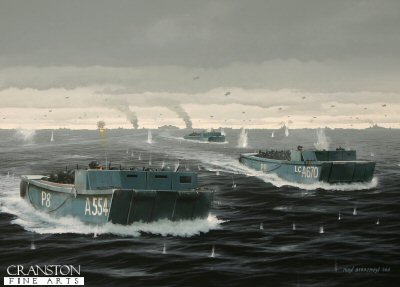 B0501PC. Through Hell to Omaha by Ivan Berryman. <p> Troops of the 5th Ranger Battalion forge ahead through a hail of plummeting shells and crossfire as their British landing craft from <i>HMS Prince Baudouin</i> make their perilous way to Omaha Beach on D-Day, 6th June 1944. <b><p>Collector's Postcard - Restricted Initial Print Run of 100 cards.<p>Postcard size 6 inches x 4 inches (15cm x 10cm)