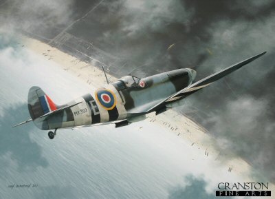 B0509PC. Tribute to Air Vice Marshal James Edgar 'Johnnie' Johnson by Ivan Berryman. <p> Pictured above the beaches of Normandy shortly after D-Day in June 1944, Spitfire Mk IX MK392 was the personal aircraft of Wing Commander Johnnie Johnson, carrying his initials JE-J instead of the usual squadron codes.  He went on to become Britain's highest scoring ace against the Luftwaffe with 34 claimed victories with many other probable victories. <b><p>Collector's Postcard - Restricted Initial Print Run of 100 cards.<p>Postcard size 6 inches x 4 inches (15cm x 10cm)