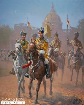 DHM374. Officer, Skinner's Horse 1905 by Mark Churms. <p> The Founders Church of St. James, Dehli, illustrates its association with this famous regiment of Bengal Lancers. <b><p> Signed limited edition of 1000 prints.  <p>Image size 9 inches x 12 inches (23cm x 31cm)