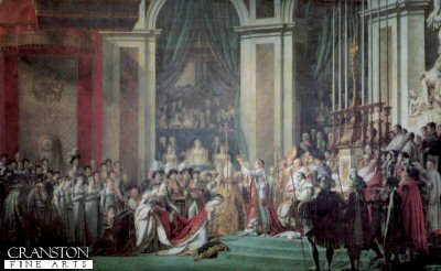 DHM395B.  Coronation of Napoleon by J David. <p>This painting was commissioned by Napoleon in September 1804 and completed in 1807.  The original painting is 10 metres by 6 metres, and the official title is : Consecration of the Emperor Napoleon I and Coronation of the Empress Josephine in the Cathedral of Notre-Dame de Paris on 2nd December 1804.<b><p>Open edition print. <p> Image size 12 inches x 7 inches (31cm x 18cm)