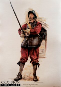 DHM672.  Pikeman of the Kings Life Guard by Chris Collingwood. <p>Part of a series of seven English Civil War uniform stuies.<b><p>Open edition prints.  <p>Image size 16 inches x 12 inches (41cm x 31cm)
