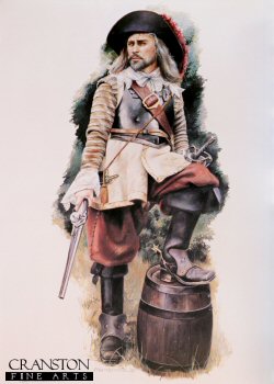 DHM676.  Royalist Dragoon Officer by Chris Collingwood.<p>Part of a series of seven English Civil War uniform stuies.<b><p>Open edition prints.  <p>Image size 16 inches x 12 inches (41cm x 31cm)