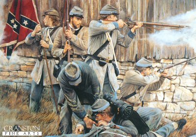 DHM0679PC. Grey Cover for Grey Rifles by Chris Collingwood. <p>  Confederate skirmishers of the 19th Virginia Volunteers take over behind a farmhouse during the early stages of the war 1861. <b><p>Postcard<p> Postcard size 6 inches x 4 inches (15cm x 10cm)