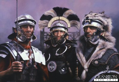 DHM0823PC. SPQR (For the People of Rome) by Chris Collingwood. <p> Depicting Legio II Augusta, 1st Century AD, (showing a Legionary, Centurian and a Conucen Trumpeter) <b><p>Postcard<p> Postcard size 6 inches x 4 inches (15cm x 10cm)