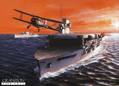 P983. HMS Glorious by Ivan Berryman. <p> HMS Glorious flying off a Fairey Swordfish at sunset with HMS Ardent off to Starboard. <b><p>Postcard<p> Postcard size 6 inches x 4 inches (15cm x 10cm)