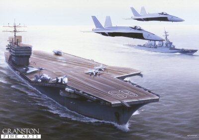 P986. USS Dwight Eisenhower by Ivan Berryman. <p> A pair of F18 Hornets overfly the Nimitz-class carrier USS Dwight Eisenhower (CV-69) with the surface combatant USS Arleigh Burke (DDF-51) off her port bow. <b><p>Postcard<p> Postcard size 6 inches x 4 inches (15cm x 10cm)