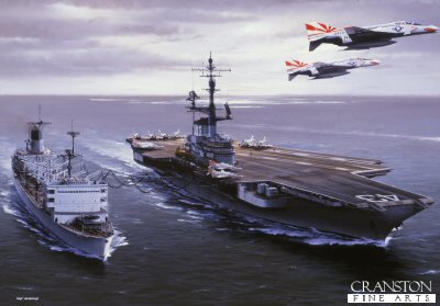 P987. USS Coral Sea by Ivan Berryman. <p> USS Coral Sea (CV-43 being replenished by fast combat support ship USS Seattle (DE-3) as two of the carriers compliment of F.4s of VF-111 The Sundowners makes a low pass. <b><p>Postcard<p> Postcard size 6 inches x 4 inches (15cm x 10cm)