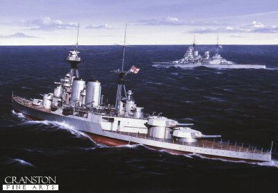P989. HMS Hood by Ivan Berryman. <p>Pride of the Royal Navy, the mighty Hood rolls majestically in the north Atlantic swell as HMS Prince of Wales holds station off her starboard bow.<b><p>Postcard<p> Postcard size 6 inches x 4 inches (15cm x 10cm)