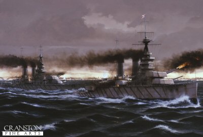 P1002. HMS Lion at the Battle of Jutland by Ivan Berryman. <p>HMS Lion with her sister ship HMS Princess Royal are shown firing on the German High Seas Fleet which can be seen in the distance during the Battle of Jutland.<b><p>Postcard<p> Postcard size 6 inches x 4 inches (15cm x 10cm)