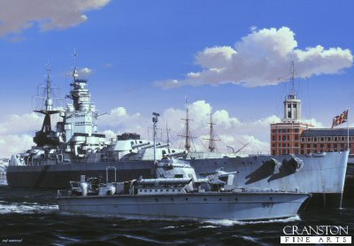 P1006. HMS Nelson by Ivan Berryman. <p>Over 150 years of the Royal Navy are encapsulated in this view of the mighty HMS Nelson, moored at Portsmouth in 1945. Beyond the 16in guns of A turret, the masts of Admiral Nelsons flagship at Trafalgar, HMS Victory rise into the skyline whilst in the foreground MTB 507 cruises past on its way to the Solent.<b><p>Postcard <p>Size 6 inches x 4 inches (15cm x 10cm)