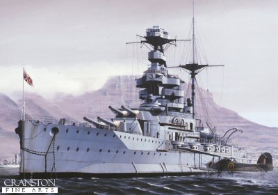 P1009. HMS Malaya at Capetown, South Africa. by Ivan Berryman. <p>The Queen Elizabeth class battleship HMS Malaya is pictured at Capetown in April 1942 en route to Durban from Gibraltar.  A veteran of the First World War, Malaya took part in the Battle of Jutland, receiving eight hits, and going on to serve throughout World War Two, surviving a torpedo off Cape Verde in 1941.  She is seen here about to recover her Fairey Swordfish floatplane beneath the dramatic outline of Table Mountain.<b><p>Postcard<p> Postcard size 6 inches x 4 inches (15cm x 10cm)