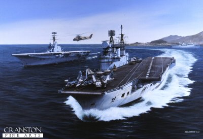 P1223.  HMS Eagle and HMS Albion by Ivan Berryman. <p>HMS Eagle steams past the commando carrier HMS Albion during the withdrawal from Aden in November 1967. Gathered on Eagles flightdeck are an assortment of contemporary types including Sea Vixens, Scimitars, a Buccaneer and a Fairey Gannet. One of Albions Westland Wessex helicopters is passing overhead and RFA Stromness is at anchor in the distance.<b><p>Postcard<p> Postcard size 6 inches x 4 inches (15cm x 10cm)