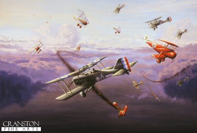 P1296. Dawn Dog Fight, Mick Mannock VC by Graeme Lothian. <p> High above the trenches in April 1918, 74 Squadron engage the famed JG 1 led by the renowned ace baron von Richthofen in his distinctive bright red DR 1. Edward Mick Mannock flying a SE5.a diving down top engage another Fokker Dr1 as the red baron flies past momentarily catching each others eyes. The new CO of 74 squadron, major Grid Caldwell MC (bar) New Zealands top ace can be seen above entering the dog fight. But it would be Mannock who would go on to great fame. with 61 confirmed victories and to win the VC, DSO (bar) and MC (bar) After 74 squadron he replaced Billy Bishop of CO 85 Squadron on the 3rd July 1918, scoring 46 victories in the Se5.a He was killed by ground fire near Lestram, France on the 26th July 1918. his Victoria Cross being gazetted on the 18th July 1919. The red baron CO of the Richthofen's Flying circus didn't survive the month, also killed by ground fire on the 21st April, he was buried by the Allies with full military honours. <b><p>Postcard<p> Postcard size 6 inches x 4 inches (15cm x 10cm)