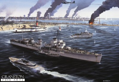 P1317. Dunkirk by Ivan Berryman. <p> Between 24th may and 4th June 1940 an extraordinary armada of craft, large and small, naval and civilian, embarked on one of the greatest rescue missions in history. the evacuation of 330,000 British and French troops from the beaches of Dunkirk in northern France. the destroyer HMS Shikari dominates the foreground here as troops pour onto the beaches and harbour moles in search of salvation. MTB are seen picking up troops and taking them to ships further out including MTB102. Also shown is a paddle steamer with very shallow draft taking on troops close to the beach and in the distance HMS Grafton can be seen taking troops from the mole. She was lost later during the evacuation. <b><p>Postcard<p> Postcard size 6 inches x 4 inches (15cm x 10cm)