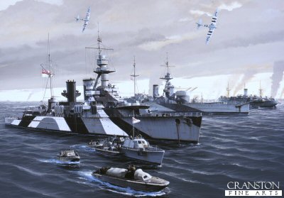 P1323. HMS Frobisher and HMS Roberts at Normandy by Ivan Berryman. <p> The cruiser HMS Frobisher dominates this scene off Houlgate at the Normandy landings of 1944. The monitor HMS Roberts lies beyond Frobisher with a Large Infantry Landing Ship or LSI (L) unshipping its LCAs on the extreme right of the picture. In the foreground, a motor launch attends a group of LCP (L)s as they head for the French beaches. Two Spitfire Mk.IXs conduct sweeps overhead as Operation Neptune gathers momentum. <b><p>Postcard<p> Postcard size 6 inches x 4 inches (15cm x 10cm)