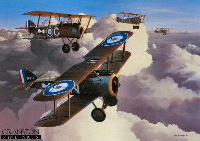 P1509. A Hand of Aces by Ivan Berryman. <p> Sopwith Camels of 45 Sqn, Istrana, are shown on an early patrol on a crisp morning in the Winter of 1917-18. B6238 was an aircraft shared by Lts E McN Hand and H M Moody, whilst B6354 was the mount of Lt J C B Firth. <b><p>Postcard<p> Postcard size 6 inches x 4 inches (15cm x 10cm)