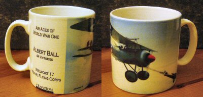 DHM1557SM. Albert Ball by Ivan Berryman. <p> Albert Ball in his Nieuport 17 having just shot down a German LVG. His aircraft, A134, was distinctive in having a bright red spinner. He was the first Royal Flying Corps pilot to score a hat-trick (3 kills on a single mission) and, in the course of his career, scored another two on his way to his outstanding 44 victories.<b><p>Restricted edition of individually produced mugs, exclusively available from Cranston Fine Arts. <p> Standard size earthenware mug, produced in the UK.