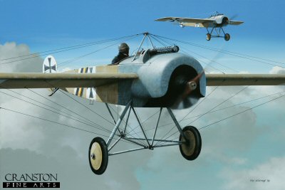 DHM1645PC. Kurt von Crailsheim by Ivan Berryman. <p>The Fokker E II of Leutnant Kurt Freiherr von Crailsheim of FFA 53 is shown in formation with his wingman in a similar aircraft. Von Crailsheims aircraft bears his personalised markings of yellow, black and white diagonal bars on the fuselage, thought to represent his Military Merit Medal combined with the black and white of Prussia. The cross on the fuselage sides was applied in an unusually forward position. FFA 53 was based at Monthois late in 1915 and it was from this location that von Crailsheim made his final flight in this aircraft on 30th December. <b><p>Collector's Postcard - Restricted Initial Print Run of 100 cards.<p>Postcard size 6 inches x 4 inches (15cm x 10cm)
