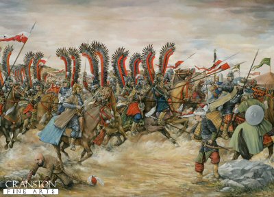 DHM1695PC. Polish Winged Lancers - Battle of Vienna, September 12th 1683 by Brian Palmer. <p>  In an attempt to expand into Europe, Ottoman Turks under the command of Grand Vizier Kara Mustafa laid siege to Vienna for two months.  A coalition of Polish, German and Austrians led by John III Sobieski, the King of Poland, arrived before Vienna to raise the siege.  Sobieski led a charge of 20,000 cavalry, including the fearsome Winged Hussars into the Ottoman camp and completely routed their army. The battle was over in three hours, the Turks fled the field leaving behind tents, weapons, battle standards and provisions.  The threat to Europe had been reversed, and this battle signaled the beginning of the end for the Ottoman Empire. <b><p>Collector's Postcard - Restricted Initial Print Run of 100 cards.<p>Postcard size 6 inches x 4 inches (15cm x 10cm)