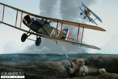 DHM1702PC. Captain Andrew McKeever and 2nd Lieutenant Leslie Powell by Ivan Berryman. <p> The exploits of the partnership of McKeever and Powell in their 11 Squadron Bristol F.2B made them perhaps the most celebrated of all the Bristol Fighter crews, McKeever himself becoming the highest scoring exponent of this classic type with a closing tally of 31 victories. Powell was to secure a further 19 kills before both were withdrawn from front line service to Home Establishment in January 1918. Whilst on a lone patrol above enemy lines in November 1917, their aircraft (A7288) was attacked by two German two-seaters and seven Albatross scouts, four of which were sent to the ground through a combination of superb airmanship and outstanding gunnery. The remaining German aircraft continued to give chase until the F.2B was down to less than 20ft above the British trenches, at which point the Germans broke off their attack and fled. <b><p>Collector's Postcard - Restricted Initial Print Run of 100 cards.<p>Postcard size 6 inches x 4 inches (15cm x 10cm)