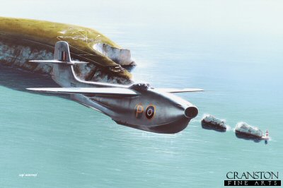 DHM1714APB. Saro SR.A1 Over the Needles by Ivan Berryman. <p>In 1947, the first of three SR.A1 experimental flying boat fighters took to the air from the Saunders Roe factory at Cowes. Powered by two Metropolitan-Vickers F2 / 4 Beryl turbojet engines, this unique and innovative machine displayed excellent performance, providing the pilot with an ejection seat and fully pressurised cockpit. Sadly, service chiefs concluded that land-based fighters were the way forward and no further examples of the SR.A1 were built.<b><p>Signed by Eric Winkle Brown (deceased). <p>Small limited edition of 20 artist proofs. <p> Image size 12 inches x 8 inches (31cm x 20cm)