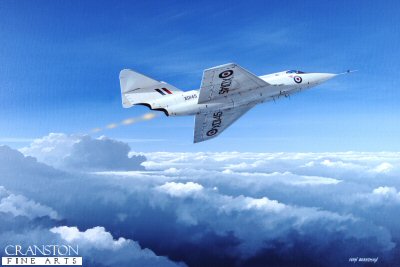 DHM1715APB. Saro Sr.53 by Ivan Berryman. <p>A Ministry of Supply contract issued in the mid 1950s resulted in the unique Saro SR.53 supersonic interceptor fighter, which incorporated a mixed powerplant consisting of an Armstrong Siddeley Viper turbojet mounted above a liquid-propellant de Havilland Spectre rocket motor. First flown in 1957, the aircraft displayed good characteristics, but was ultimately not put into production.<b><p>Signed by Eric Winkle Brown (deceased). <p> Small limited edition of 20 artist proofs. <p> Image size 12 inches x 8 inches (31cm x 20cm)