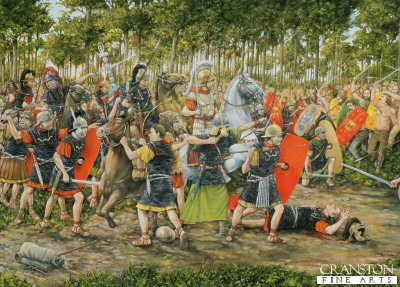 DHM1789PC. The Battle of Teutoburg Forest, AD 9 by Brian Palmer. <p>  In AD 9, three Roman legions - 20,000 men plus camp followers - commanded by Governor Varus crossed the Rhine into what they believed to be friendly territory on their way to putting down a local uprising. A young chieftain of the Cherusci tribe, Arminius, had guaranteed them safe passage through his lands.  However, Arminius who held a grudge against the Romans, deliberately deceived Varus and in a four-day running battle in the forest overwhelmed and slaughtered the Romans almost to a man. Varus, along with his surviving senior officers, took their own lives to avoid capture. <b><p>Collector's Postcard - Restricted Initial Print Run of 100 cards.<p>Postcard size 6 inches x 4 inches (15cm x 10cm)
