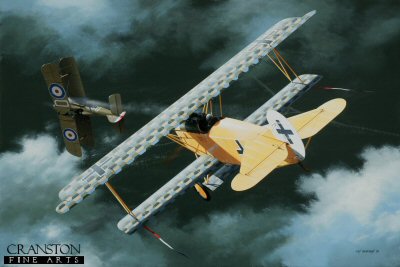 DHM1808PC. Oberleutnant Erich Lowenhardt by Ivan Berryman. <p> Erich Lowenhardt was already the holder of the Knights Cross 1st and 2nd Class for acts of bravery even before becoming a pilot. After serving as an observer for a year, he was eventually posted to Jasta 10 in 1917 where he immediately began to score victories, sending down balloons and enemy aircraft at a fearsome rate. He was appointed Commander of Jasta 10 one week before his 21st birthday, making him one the youngest pilots to rise to such a rank in the German Army Air Service. He continued to increase his score steadily throughout 1917 and 1918, but was involved in a mid-air collision with a Jasta 11 aircraft on 10th August. Lowenhardt elected to abandon his aircraft, but his parachute failed to deploy and the young ace fell to his death. He flew a number of aircraft, but this yellow-fuselaged Fokker D.VII was his most distinctive and is believed to be the aircraft in which he was killed. His final victory total was 54. <b><p>Collector's Postcard - Restricted Initial Print Run of 100 cards.<p>Postcard size 6 inches x 4 inches (15cm x 10cm)