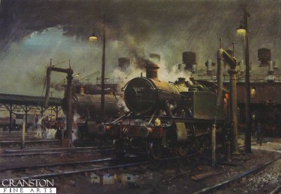 DHM1966. Storm over Southall Shed by Terence Cuneo. <p> <p><b>Published during the late 1980s, this is a rare chance to own this superb locomotive art print.  We have managed to obtain 4 prints of this edition, signed by Terence Cuneo. </b> <b><p>Signed edition of prints.  <p> Image size 21.5 inches x 14.5 inches (54cm x 37cm)
