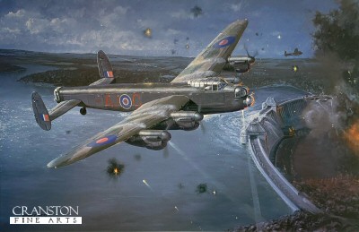 DHM2293.  Eye of the Storm - The Dambusters by Philip West.  <p>  Wing Commander Gibsons aircraft in the foreground and Flt. Lt. Martins in the distance, both draw flak away from Sqn. Ldr. Youngs Lancaster after it has dropped its Bouncing Bomb and makes its escape over the Mohne Dam.   Led by Wing Commander Guy Gibson, 19 Lancasters departed their home base in three waves, each aircraft armed with a single bouncing bomb developed by Barnes Wallis. The targets were German dams in the heart of the industrial Ruhr. The resulting attacks breached the Mohne and Eder Dams with attempts also on the Sorpe and Schwelme Dams. For his leadership and courage, Gibson was awarded the Victoria Cross. 34 other men also received decorations.  <b><p>  Signed limited edition of 350 prints. <p>Paper size 28 inches x 20 inches (71cm x 51cm)