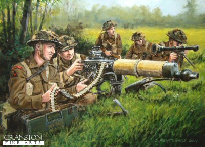 DHM6005PC. Morris and Hillman by David Pentland. <p> Near Caen, D-Day, 6th June 1944.  Vickers heavy machinegun team of the British 3rd Division, <i>Monty's Ironsides</i>, in action against the German strong points Morris and Hillman.  The division comprised of the 2nd East Yorkshires, 1st South Lancashires, 1st Suffolks, 2nd Lincolnshires, 1st King's Own Scottish Borderers, 2nd Royal Ulster Rifles, 2nd Warwickshires, 1st Norfolks, and 2nd King's Shropshire Light Infantry. <b><p>Collector's Postcard - Restricted Initial Print Run of 100 cards. <p>Postcard size 6 inches x 4 inches (15cm x 10cm)