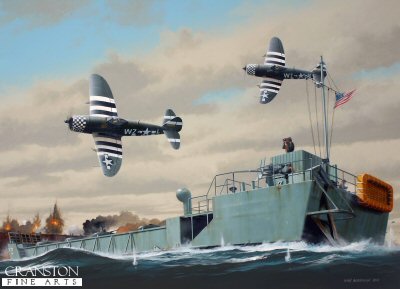 DHM6399PC. The Dash for the Beach by Ivan Berryman. <p> Two Republic P.47s of the 78th FG roar low over the Normandy beaches as the Allied invasion gets underway during Operation Overlord on 6th June 1944 as an LCT(5) Tank Landing Craft makes its break for the beach through a hail of enemy fire.  These craft were used at all the D-Day beaches, carrying mixed loads of vehicles and stores in almost impossible conditions. <b><p>Collector's Postcard - Restricted Initial Print Run of 100 cards.<p>Postcard size 6 inches x 4 inches (15cm x 10cm)