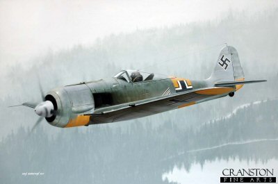 DHM6603. Tribute to Major Erich Rudorffer by Ivan Berryman. <p> The Gruppenkommandeur of II./JG 54 Erich Rudorffer is depicted in Fw190A-6 'Black Double Chevron' over the misty forests of Finland in June 1944. Credited with 222 aerial victories, he survived being shot down no less than sixteen times and survived the war until eventually passing away in 2016 aged 98. <b><p>Limited edition of 30 giclee prints. <p> Image size 16 inches x 10.5 inches (41cm x 27cm) DHM6603. Tribute to Major Erich Rudorffer by Ivan Berryman. <p> The Gruppenkommandeur of II./JG 54 Erich Rudorffer is depicted in Fw190A-6 'Black Double Chevron' over the misty forests of Finland in June 1944. Credited with 222 aerial victories, he survived being shot down no less than sixteen times and survived the war until eventually passing away in 2016 aged 98. <b><p>Limited edition of 30 giclee prints. <p> Image size 16 inches x 10.5 inches (41cm x 27cm)