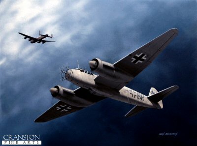 DHM6761AP. Tribute to Walter Briegleb by Ivan Berryman. <p> Walter Briegleb is shown in his Ju88 G.7 4R+BR as he stalks his prey - on this occasion a Lancaster.  Flying below their target, his crew would aim upward firing cannon at the inner wing of the bomber, igniting the fuel tanks.  For the bomber crews, they were very much defenceless against this type of attack, and often had no idea of the presence of an enemy aircraft in the dark. <p> Professionally produced using a high quality inkjet digital press and printed on 300gsm art stock. <b><p> Signed Ltd. Ed of 300 prints. <p> Image Size 13.4 inches x 9.4 inches (34cm x  24cm) Paper Size 16.5 Inches x 11.7 inches (42cm x 29.6)