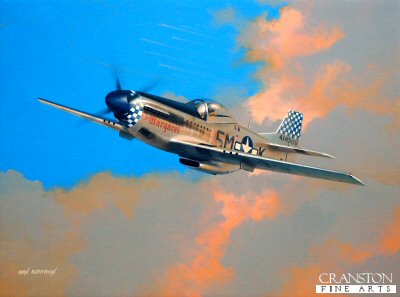 DHM6767C. Tribute to Clyde East by Ivan Berryman. <p> Clyde East joined the Royal Canadian Air Force and by 1942 was flying P-51 Mustangs with No.414 Sqn RCAF in England. He then transferred to the US Air Force, joining the 15th Tactical Reconnaissance Squadron. He is shown here in P.51D Mustang 44-14306 5M-K, 'Lil Margaret', April 1945. In more than 200 missions he scored 13 victories, later serving in Korea flying RF-80 Shooting Stars and retiring in 1965. He died in 2014. <b><p>Special Collector's Item - The print numbered No.1 of a small publisher proof edition of 3 <p> Image size 15 inches x 10.25 inches (38cm x 26.5cm). Paper Size 19 inches x 13 inches (48cm x 33cm) DHM6767C. Tribute to Clyde East by Ivan Berryman. <p> Clyde East joined the Royal Canadian Air Force and by 1942 was flying P-51 Mustangs with No.414 Sqn RCAF in England. He then transferred to the US Air Force, joining the 15th Tactical Reconnaissance Squadron. He is shown here in P.51D Mustang 44-14306 5M-K, 'Lil Margaret', April 1945. In more than 200 missions he scored 13 victories, later serving in Korea flying RF-80 Shooting Stars and retiring in 1965. He died in 2014. <b><p>Special Collector's Item - The print numbered No.1 of a small publisher proof edition of 3 <p> Image size 15 inches x 10.25 inches (38cm x 26.5cm). Paper Size 19 inches x 13 inches (48cm x 33cm)