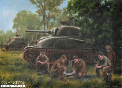 DP0232PC. Teatime by David Pentland. <p> Colomby-Sur-Thaon, Normandy, 11th June 1944.  British Sherman MkII's of 4th Armoured Brigade, enjoy a tea break prior to being sent to support Canadian troops against an expected German attack.  The Brigade consisted of the 2nd Dragoon Guards <i>The Scots Greys</i>, 3rd County of London Yeomanry <i>The Sharpshooters</i>, and the 44th Royal Tank Regiment. <b><p>Collector's Postcard - Restricted Initial Print Run of 100 cards. <p>Postcard size 6 inches x 4 inches (15cm x 10cm)