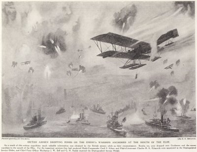 British Airmen Dropping Bombs On The Enemys Warships Anchored At The Mouth Of The Elbe.