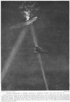 Second Lieutenant F. Sowrey Attacks A Zeppelin Airship And Sets Fire To It.