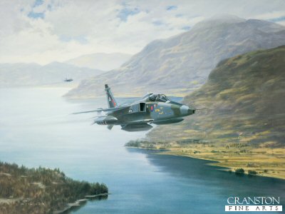 GC168.  Thunder in the Hills by Gerald Coulson. <p>Royal Air Force Jaguars spend most of their operational time at very low level. Sparsely populated areas such as the valleys of North Wales, Scotland and the lakes of Cumbria, provide ideal training areas to perfect the skills required to hide behind high ground and remain undetected by enemy radar. Flying at 250 ft and 500 mph, two Jaguar GR1s from No2 squadron on a low level reconnaissance exercise are the subject of this painting.<p><b>Less than 20 prints now available.</b><b><p>Signed limited edition of 850 prints. <p> Image size 27 inches x 20 inches (69cm x 51cm)