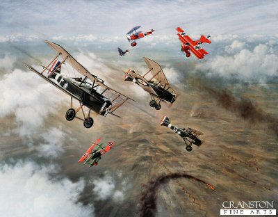 GC524.  Brief Encounter by Gerald Coulson. <p> Royal Flying Corps SE5As of 56 squadron engaged in air combat with flying circus Fokker Dr1s commanded by the great German ace Baron von Richthofen, France 1917. <p><b>Last 20 prints remain of this sold out edition. </b><b><p> Signed limited edition of 295 prints. <p> Image size 27 inches x 21 inches (69cm x 53cm)